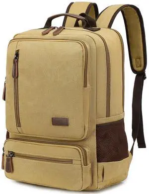 Canvas Laptop Backpack for Men Women,Durable Travel Work Business Rucksack Bookbags Fits 15.6 Inch Notebook & Laptops,College Backpacks Computer Bag Weekender Hiking Daypack(Khaki)