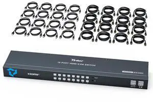 Yinker 16 Port HDMI KVM Switch, 4K@60Hz 2K@144Hz USB Rack Mount KVM HDMI Switch w/16 Pcs Cables, Support RGB 4:4:4, HDCP 2.2, 3.5mm Audio, 4 USB 2.0, IR Remote