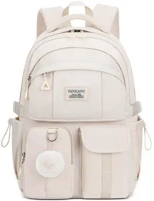 Teen Girls Backpack for School, Multi-pocket Aesthetic Middle School Book Bag College Travel Back Pack Kid Casual Laptop Backpack for Women (Beige)