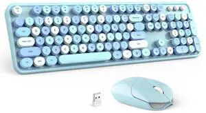 Wireless Keyboard and Mouse Combo - GEEZER Sky Blue Full-Sized Colorful Keyboard 104 Keys - USB 2.4 G Receiver Plug Play with Round Keycap Typewriter Keyboards, for Windows, PC, Laptop, Desktop