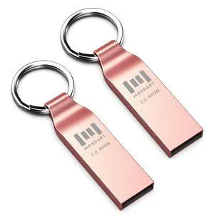 MOSDART Waterproof 64GB USB2.0 Flash Drive, exFAT Metal Memory Stick with Keychain, for System Back, Data Storage, Rose Gold(Pack of 2)