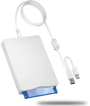 USB Floppy Drive, 3.5" External USB & Type-C Floppy Disc Reader, External Floppy Disk Drive Portable 1.44 MB Plug and Play FDD for PC Windows XP 7 8 10 11(White)