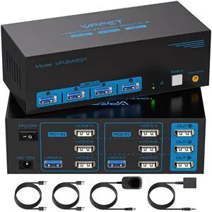 8K@60Hz HDMI KVM Switch 3 Monitors 2 Computers 4K@120Hz USB 3.0 KVM Switches for 2 PC Share Triple Monitor and 4 USB Ports Supports Extended&Duplicate Mode.Wired Controller DC 12V/1A Adapter Included