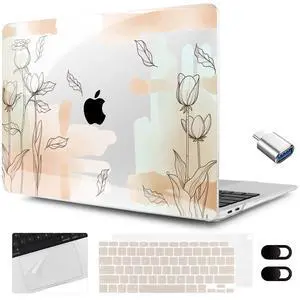 MEEgoodo for MacBook Air 13.3 inch Case 2021 2020 2019 2018 A2337 M1 A2179 A1932, Laptop Shell for MacBook Air M1 with Keyboard Webcam Cover & Trackpad Film & Type C Adapter,Elements Watercolor