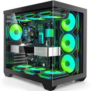 Gaming PC Case, ATX Cpmputer CASE with 7 PWM ARGB Fans Pre-Installed,Type-C Full-View Dual Tempered Glass, Mid Tower Computer CASE Black, (H4)