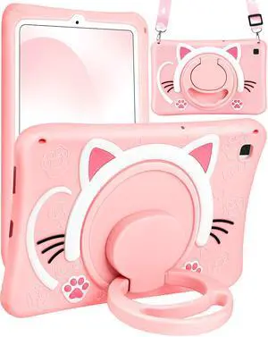 Wazzasoft for Samsung Galaxy Tab S6 Lite 10.4 Case Girls Cute Cat Kawaii Cover Girly 3D Cartoon Women Kitten with Rotating Handle Stand & Strap Soft Silicon Funda for Samsung S6 Lite Tablet Cases