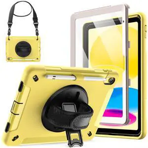 JETech Case for iPad (A16) 11th/10th Generation (2025/2022) with Built-in Screen Protector, Protective Shockproof Rugged Tablet Cover, 360 Degree Rotating Hand Strap Stand (Yellow)
