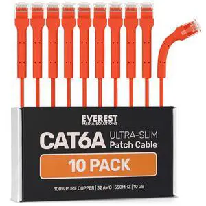 Everest Ultra Slim Cat6a Ethernet Patch Cables 7ft (10-Pack) Orange - 10GB Cat 6a Patch Cable - Bendable, Flexible & Thin Ethernet Cable - Space Saving 32AWG 550MHZ Cat6a Cables - 100% Copper Wires