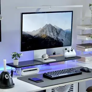 ROCDEER Bamboo Monitor Stand Riser with RGB Lights,31.5 Inches Desktop Shelf with Acrylic Legs Supports for Desk, PC Computer Monitor, Laptops, Printer, Speakers (Black)