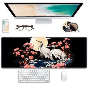 Desk Pad Mat Gaming Mouse Pads with Coasters, 31.5" x 11.8" Large Keyboard Mat Desk Decor Writing Pad Non Slip Rubber Base Stitched Edges for Work Game Office Home, Moon Flower Egret