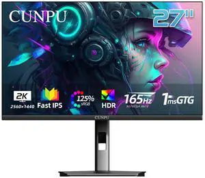 CUNPU 27 Inch 165Hz Gaming Monitor QHD (2560 x 1440p), Support 144Hz Fast IPS Vertical Monitor, 1ms, DCI-P3 90%, FreeSync & G-Sync, Height/Swivel/Tilt Adjustable, RGB Light, Built-in Speaker, HDMI/DP