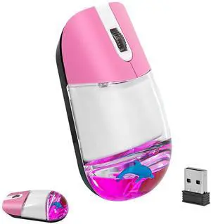 Wireless Mouse with Liquid Water Section & Floater Animal Portable Retro Silent Cute Aqua Mouse with USB Receiver Lightweight 1000DPI Optical Clear Water Mice for Laptop PC Computer (Pink, Dolphin)