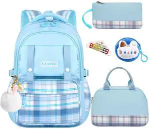 Psecoll 6Pcs Kawaii Backpack Set, Blue Bookbag Plaid Laptop Bag Water-Resistant Lightweight Daypack, Large Capacity School Bag Double Shoulder Backpack with Chest Strap (Blue)