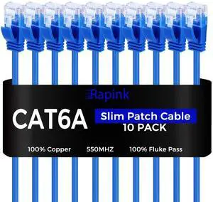 Rapink Patch Cables Cat6a 10ft (10 Pack) Slim, Cat6a Ethernet Patch Cable 10G Support, Snagless Cat 6 Patch Cable for Patch Panel to Switch, Flexiable Cat 6a Ethernet Cable with Gold Plated