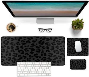 Mouse Pad Desk Mat Ergonomic Wrist Support Pad Set,Mouse Wrist Rest Keyboard Pad with Stitched Edges and Non Slip Base-Black Leopard Panther Cheetah Print