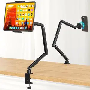 Tablet Stand Holder, Foldable iPad Holder Arm with 360°Rotate Base, Tablet Desk Mount with Magnetic and Clamp, iPad Stand for Desk, Compatible with Tablets, Phones or Other 4.7-15.6" Devices