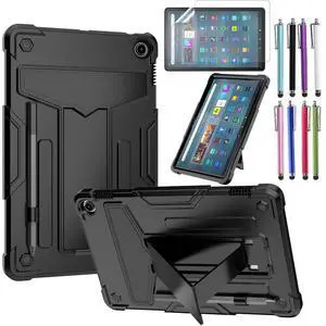elitegadget Case for Amazon Fire Max 11 (13th Generation, 2023 Released) - Heavy Duty Hybrid Protective Case Cover with Kickstand + 1 Screen Protector and 1 Random Stylus (Black/Black)