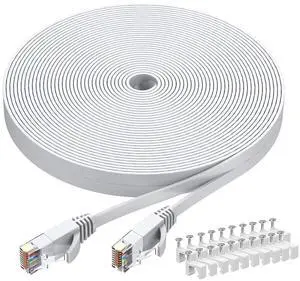 BUSOHE Cat6 Ethernet Cable 30 FT White, Cat-6 Flat RJ45 Computer Internet LAN Network Ethernet Patch Cable Cord - 30 Feet