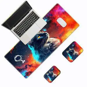 FUYOCWE Cat Big Mouse Pad Desk Mat + Wrist Rest Elbow Support Cushion + Mouse Mat Small (3 in 1 Set),Flaming Red Sky Design Edge Stitch Large Mouse Pad 12 * 24 inch,Non Slip Office Desk Pad Protector