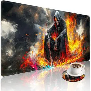 Grim Reaper Large Gaming Mouse Pad with Coaster, Durable Stitched Edges Protection Design, Cute Large Desk Mat for Desktop, 35.4x15.7 inch XXL Extended Computer Mat for Gaming and Office
