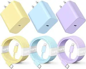 3Pack 10FT Long ightning Cable,20W Fast Charging Phone ightning Cable Phone Charger Cord for Phone 14/13/12/12 Pro Max/11/Xs Max/XR/X,AirPods Pro,Yellow,Blue,Purple