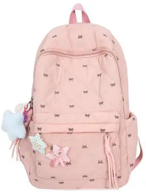 MININAI Women's Quilted Cute Aesthetic Backpack Bow Print Lightweight Puffer Laptop Book Bag for College Travel Daypack (Pink)