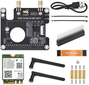 Waveshare PCIe to M.2 E Key HAT, Compatible with Raspberry Pi 5, Support Various NGFF (M.2 E Key) Wireless NIC, Supports USB Bluetooth Connection and HAT+ Standard, Includes Wireless-AX210