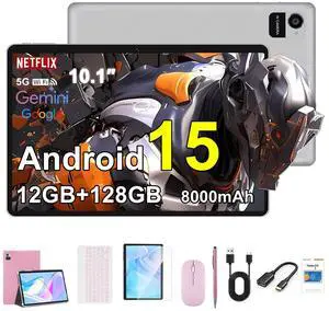 Crelander 10.1 Inch Android 15 Tablet, 12GB+128GB Android Tablet, 8000mAh Battery, 1280x800 Touchscreen, 5G WiFi/Bluetooth, Bundle with Case, Keyboard, Mouse & Stylus(Pink)