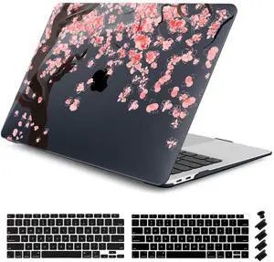 DONGKE MacBook Case for MacBook Air 13 inch M1/A2179/A1932, Crystal Black Hard Shell Cover with Cherry Blossom Pattern, Touch ID & Retina Display Compatible