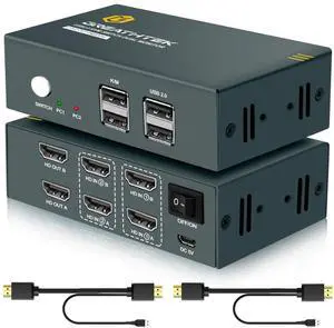 HDMI KVM Switch 2 Monitors 2 Computers 4K@30Hz, Dual Monitor KVM Switch 2 PCs Share Keyboard & Mouse, KVM Switches 2 Port Support Hotkey Switch, with USB 2.0 Ports and HDMI USB Cable
