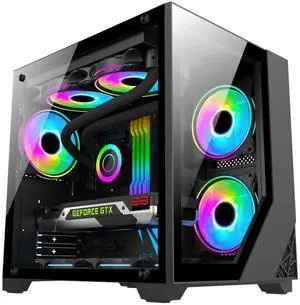 M-ATX/ITX Tower PC Case,Capable of Fitting 7 Fans,5 ARGB Fans Pre-Installed, Gaming PC Mini Case with 2*Tempered Glass (Black)