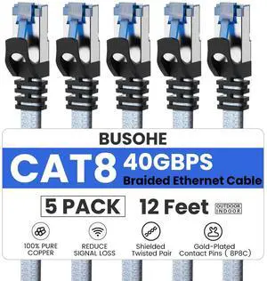 BUSOHE Cat 8 Ethernet Cable 12 FT 5 Pack, Nylon Braided High Speed Heavy Duty Network LAN Patch Cord, 40Gbps 2000Mhz SFTP Shielded RJ45 Flat Internet Cable for TV/PC/Router, in Wall, Indoor, Outdoor
