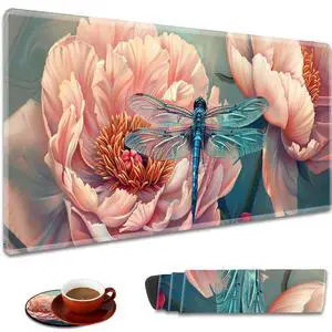 Expanded Gaming Mousepad 31.5 "x 11.8" and Coaster Combination, Waterproof Non-Slip Base and Sewn Edge Mousepad, Office and Home Desktop Protection Mat, Peony Dragonfly