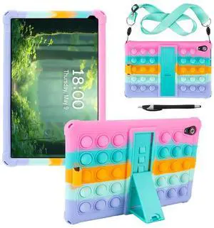Kwamaz for Urao 10.1 inch Tablet Case, Kids Soft Silicone Cover with Shoulder Strap Stand, for Urao 10.1'' C107 Tablet Case, Rainbow Pink