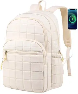 kadilong Laptop Backpack for Women College Travel,Quilted Daypack Bookbag for School Teen Girls Mochilas Mujer,Beige