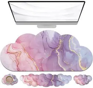 JIKIOU Large Cloud Mouse Pad Waterproof with Cloud Keyboard Wrist Pad and Cloud Mouse Wrist Pad Set, Ergonomic Computer Desk Wrist Support Mousepad for Keyboard and Mouse 35.4x15.7in Marble Pink