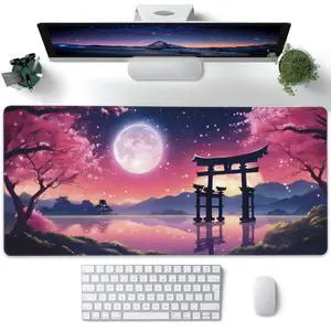 XXL Mouse Pad, Japanese Anime Sakura Large Desk Mat for Desktop, Extended Large Gaming Mouse Pad Mouse Mat with Non-Slip Rubber Base Stitched Edges for Computer Keyborad Home Office Desk 35.4"X15.7"