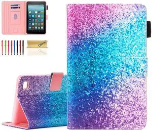Dteck for Amazon Kindle Fire 7" (9th/7th/5th Generation 2019/2017/2015 Release) Smart Folio Case with Auto Sleep Wake/Stand Function, PU Leather Protective Lightweight Cute Slim Cover, Rainbow Sand