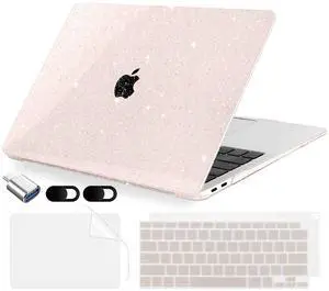 MecBevia Compatible with MacBook Air 13.3 inch Case 2021-2018 Release A2337 M1 A2179 A1932 Touch ID, Plastic Hard Shell&Keyboard Cover&Screen Protector&Webcam Cover&Type-C Adapter, Sparkly SakuPink