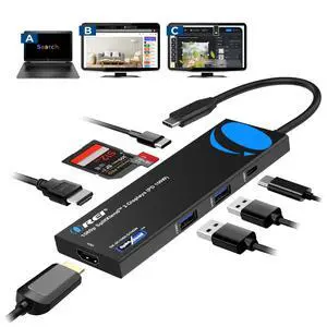 OREI SplitExtend Laptop Docking Station 4K Dual Monitor - 2X USB 3.0, 1x Type-C, SD Card Reader - USB-C Adapter to HDMI 2.0 Extended Screen, 4K@30Hz Outputs - 100W PD