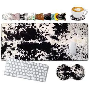 Large Gaming Mouse Pad, 31.5x11.8 in Extended Computer Mouse Mat with Non-Slip PU Base, Ergonomic Memory Foam Keyboard Wrist Rest, for Work & Gaming, Office Desk Pad Black White Cowhide Fur