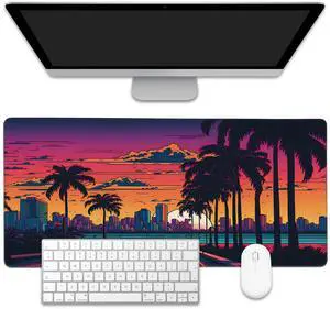 EOBKLAX Mouse Pad,Orange Purple Miami Landscape Desk Mat for Desktop,Desk Pad with Non-Slip Base and Stitched Edge,Extended Mousepad for Office and Home 35.4X15.7 Inch