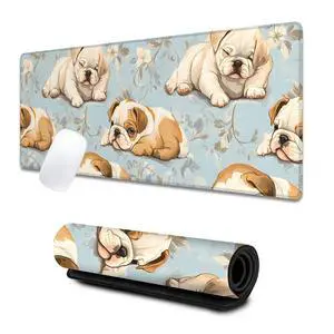 VODRM English Bulldog Large Gaming Desk Mat,Rubber Non-Slip Cute Dog Floral Mouse Pad,31.5x11.8x0.12in Extended Pet Mousepad,Puppy Lover Mice Pads Gifts,Office Home Deskmat Decor