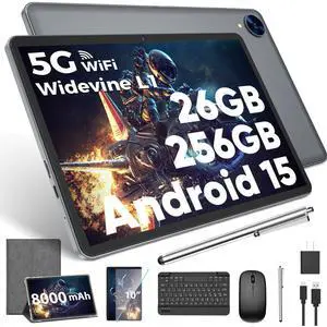 Android 15 Tablet with Keyboard, 26GB RAM, 256GB ROM(2TB Expand), 10.1 inch Octa-Core Tablets, 5G/2.4G WiFi, 8000mAh Battery, BT 5.0, GMS Certified, with Mouse, Case, Stylus, Split screen(Silver Case) Android 15 Tablet with Keyboard, 26GB RAM, 256GB ROM(2TB Expand), 10.1 inch Octa-Core Tablets, 5G/2.4G WiFi, 8000mAh Battery, BT 5.0, GMS Certified, with Mouse, Case, Stylus, Split screen(Silver Case)