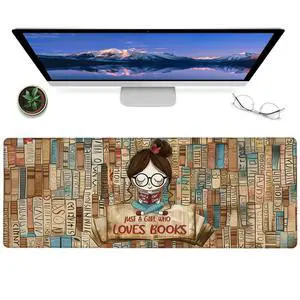 ainori Just a Girl Who Loves Books Gaming Mouse Pad  12x31.5in Non-Slip Rubber Retro Desk Mat with Book Lovers Design  Large Extended Mousepad for Office Home Laptop  Game Deskmat Gifts Decor