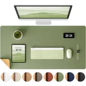 Aothia Dual-Sided Desk Mat - Natural Cork & Leather Desk Protector, Large Mouse Pad & Writing Pad for Office/Home, Olive Green (25.6"x13.7")