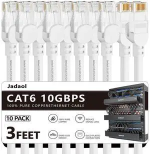 Jadaol Cat 6 Ethernet Cable 3 ft 10Pack, Outdoor&Indoor, 10Gbps Support Cat8/7 Network, 24AWG Pure Copper Patch LAN Cord, Direct Burial Waterproof UV Resistant for Router, Modem, Switch, Server, White