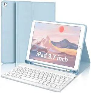 for iPad Keyboard case 9.7 inch, iPad 6th Gen (2018), 5th Gen (2017), iPad Air 2 (2014), Air 1, iPad Pro (2016), Detachable Bluetooth Wireless Keyboard Folio Slim & Light Cover, Rechargeable, Blue