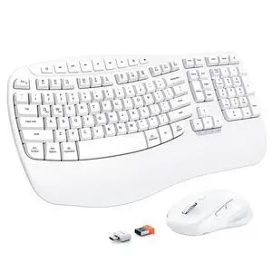MEETION New Ergonomic Keyboard and Mouse Wireless Combo, Wave Keys Natural Typing, 2.4G Wireless Keyboard with Wrist Rest, 4 Adjustable DPI Optical Mouse, Computer/Laptop/Windows/Mac, White