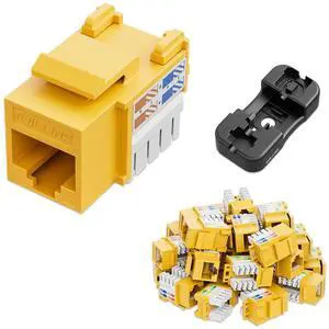 Iwillink 10Gbps Cat6 Keystone Jack, RJ45 25-Pack and Punch-Down Stand, UTP Modular Ethernet Insert 90-Degree, Punch Down Adapter, Yellow